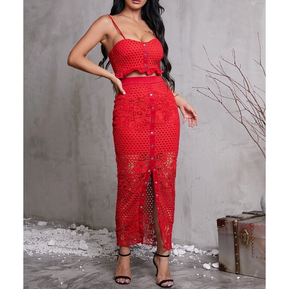 Red Lace Crop Top Midi Skirt Two Piece Dress Set - Picture 5 of 6